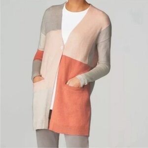 J.Jill PureJill Colorblock Long Cardigan Sweater-Peach/Gray-Women Large Petite